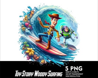 5 PNG Toy Story Woody Surfing Splash and Watercolor Transparent PNG file for Sublimation 300Dpi High Resolution PNG Download Files