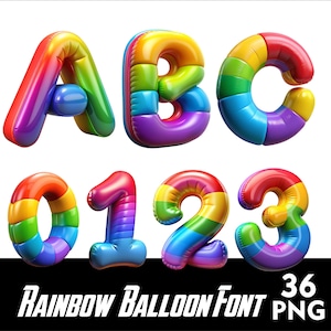 Regenbogen Ballon Alphabet Party Schrift PNG Buchstaben Regenbogen Buchstaben und Zahlen für Sublimation PNG Regenbogen Doodle Schrift Png Buchstaben