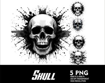 Puede incluir: Ilustración en escala de grises de una calavera detallada con la boca abierta, rodeada de salpicaduras de tinta negra. La imagen incluye cuatro variaciones de calaveras más pequeñas y la palabra "SKULL" en blanco, además de "5 PNG" y detalles de resolución.