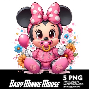 May include: A cartoon illustration of a baby Minnie Mouse wearing a pink outfit and a pink bow with white polka dots. She is holding a pink balloon and has a pacifier in her mouth. The background is a white background with pink, yellow, and blue flowers.