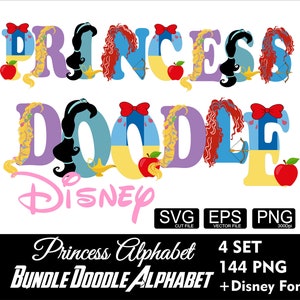 Princess Alphabet Bundle 5Set Letters Font Girl Princess Doodle Font Frozen SVG, Belle, Anna Princess Font Birthday Alphabet Svg Png Eps