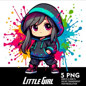 5 PNG Streetwear Little Girl Splash Design Transparent PNG file for Sublimation 300Dpi High Resolution Png DTG Design Cute Girl