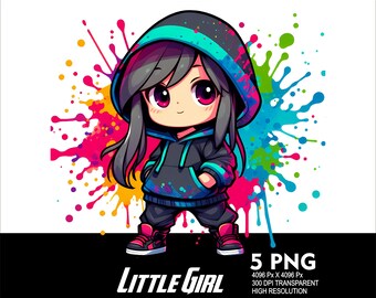 5 PNG Streetwear Little Girl Splash Design Transparent PNG file for Sublimation 300Dpi High Resolution Png DTG Design Cute Girl