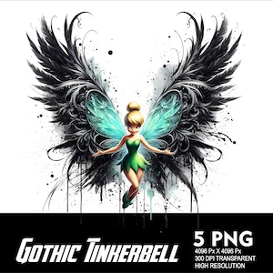 May include: A digital illustration of Tinkerbell with black gothic wings and a green dress. The background is white with black splatters of paint.