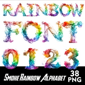 May include: Rainbow font alphabet letters and numbers in a smoke effect. The letters are R A I N B O W F O N T 0 1 2 3. The text below the letters says "Smoke Rainbow Alphabet 38 PNG".