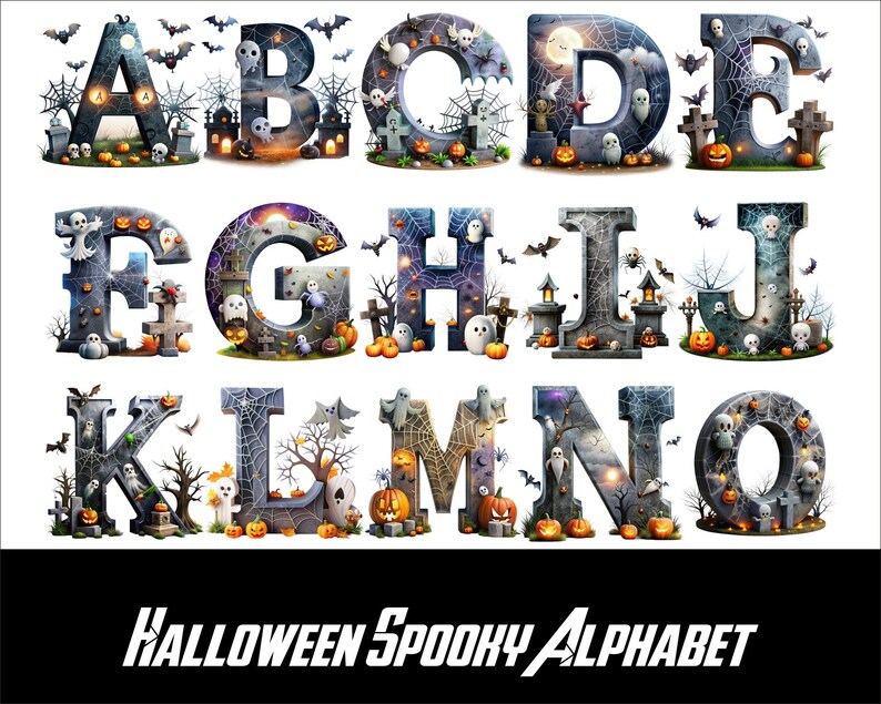 Halloween Spooky Alphabet Font PNG Spooky Letters and Numbers for Sublimation PNG Witch Halloween Doodle Font Png Letters image 4