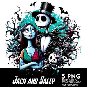 5 PNG-Jack und Sally Halloween Splash Transparente PNG-Datei für Sublimation 300Dpi hochauflösende PNG-Download-Dateien Halloween-Design