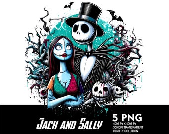 5 PNG Jack y Sally Halloween Splash Archivo PNG transparente para sublimación 300 Dpi Alta resolución PNG Descargar archivos Diseño de Halloween