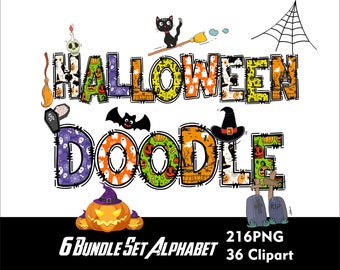 Halloween Alphabet Doodle Bundle 6 set Alphabet Spooky Letters Png Halloween Font