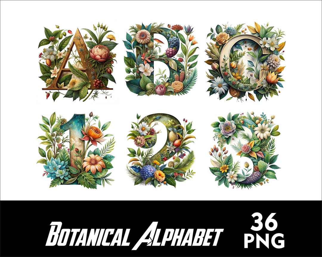 Botanical Alphabet Flowers Font PNG Letters Floral Letters Sublimation ...