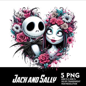 5 PNG Jack und Sally Heart Splash Transparente PNG-Datei für Sublimation 300Dpi hohe Auflösung PNG Download-Dateien Halloween Design