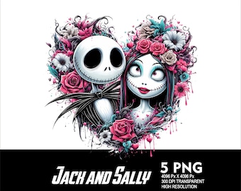 5 PNG Jack y Sally Heart Splash Archivo PNG transparente para sublimación 300 Dpi Alta resolución PNG Descargar archivos Diseño de Halloween