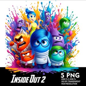 5 PNG Inside Out 2 Splash e Watercolor File PNG trasparente per sublimazione 300 Dpi Alta risoluzione PNG Design del film di cartoni animati Inside Out
