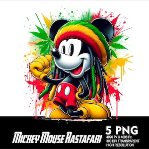 Puede incluir: Mickey Mouse con rastas y un sombrero rojo, amarillo y verde, de pie sobre un fondo colorido de salpicaduras de pintura roja, amarilla y verde. El texto "Mickey Mouse Rastafari" está en la parte inferior de la imagen.