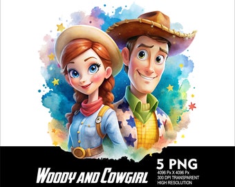 5 PNG Toy Story Cowgirl Jessie y Woody Splash y acuarela Archivo PNG transparente para sublimación 300Dpi Archivo de descarga PNG de alta resolución