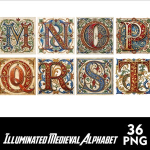 May include: A set of eight illuminated medieval alphabet letters, M, N, O, P, Q, R, S, and T. Each letter is rendered in a colorful, intricate style with gold, red, blue, and green accents. The letters are set against a white background.