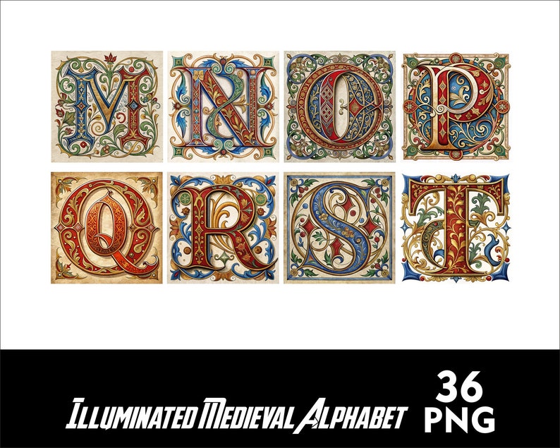 May include: A set of eight illuminated medieval alphabet letters, M, N, O, P, Q, R, S, and T. Each letter is rendered in a colorful, intricate style with gold, red, blue, and green accents. The letters are set against a white background.