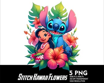 5 PNG Stitch Flowers Splash and Watercolor Transparent PNG file for Sublimation 300Dpi High Resolution PNG Download Files Stitch Design Lilo