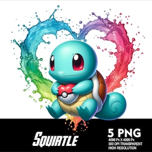 May include: A teal Squirtle character holding a red and white Poké Ball, set against a heart-shaped splash of rainbow water. The image includes the text "Squirtle" and "5 PNG" with resolution details.