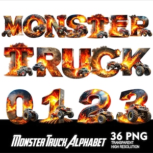 Monstertruck Alphabet Schrift PNG Flamme Monstertruck Buchstaben und Zahlen für Sublimation PNG Monstertruck Doodle Schrift Png Letters