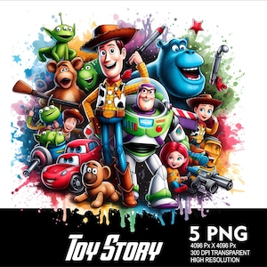 Pu&ograve; includere: Un'illustrazione digitale colorata dei personaggi di Toy Story, tra cui Woody, Buzz Lightyear, Jessie e Rex. I personaggi sono disposti in un cerchio con una stella rossa sullo sfondo. Il testo "TOY STORY" &egrave; scritto in grandi caratteri grassetto nella parte inferiore dell'immagine. Il testo "5 PNG" &egrave; scritto in lettere bianche su sfondo nero nella parte inferiore destra dell'immagine. Il testo "4096 Px X 4096 Px" &egrave; scritto in lettere bianche su sfondo nero sotto il testo "5 PNG". Il testo "300 DPI TRANSPARENT" &egrave; scritto in lettere bianche su sfondo nero sotto il testo "4096 Px X 4096 Px". Il testo "HIGH RESOLUTION" &egrave; scritto in lettere bianche su sfondo nero sotto il testo "300 DPI TRANSPARENT".