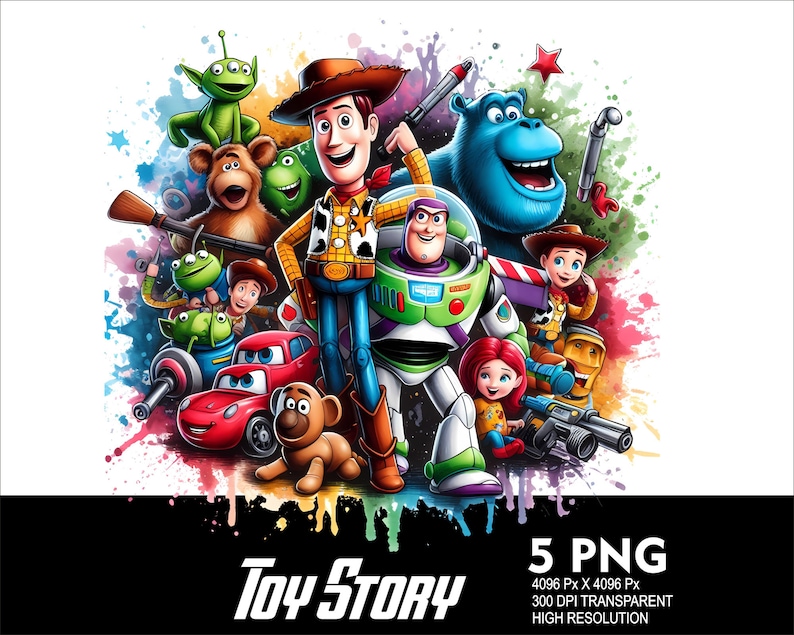 Pu&ograve; includere: Un'illustrazione digitale colorata dei personaggi di Toy Story, tra cui Woody, Buzz Lightyear, Jessie e Rex. I personaggi sono disposti in un cerchio con una stella rossa sullo sfondo. Il testo "TOY STORY" &egrave; scritto in grandi caratteri grassetto nella parte inferiore dell'immagine. Il testo "5 PNG" &egrave; scritto in lettere bianche su sfondo nero nella parte inferiore destra dell'immagine. Il testo "4096 Px X 4096 Px" &egrave; scritto in lettere bianche su sfondo nero sotto il testo "5 PNG". Il testo "300 DPI TRANSPARENT" &egrave; scritto in lettere bianche su sfondo nero sotto il testo "4096 Px X 4096 Px". Il testo "HIGH RESOLUTION" &egrave; scritto in lettere bianche su sfondo nero sotto il testo "300 DPI TRANSPARENT".