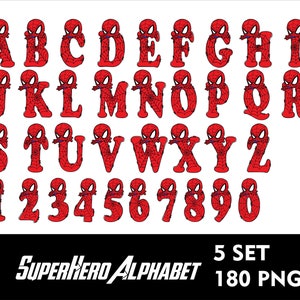 May include: Red and black alphabet letters and numbers with a spider-man design. The letters and numbers are in a cartoon style. The text at the bottom of the image reads "SUPERHERO ALPHABET 5 SET 180 PNG".