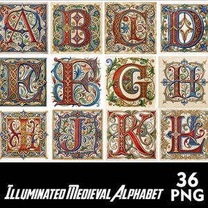 May include: A set of 36 illuminated medieval alphabet letters in PNG format. Each letter is depicted in a colorful, intricate design with gold, red, blue, and green accents. The letters are set against a parchment-like background.