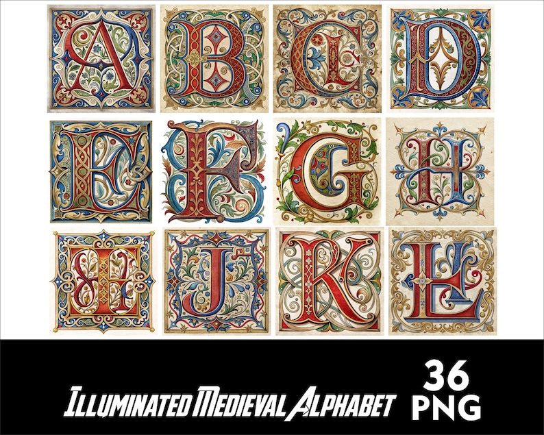 May include: A set of 36 illuminated medieval alphabet letters in PNG format. Each letter is depicted in a colorful, intricate design with gold, red, blue, and green accents. The letters are set against a parchment-like background.