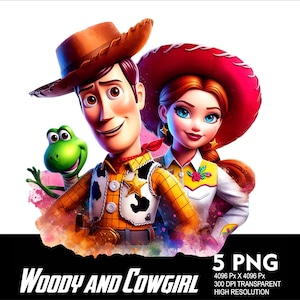 May include: Woody and Jessie from Toy Story, depicted as cartoon characters. Woody is wearing his signature cowboy hat and vest, while Jessie is wearing a red hat and a white shirt with a floral design. The background is a watercolor-style design with pink and purple hues.