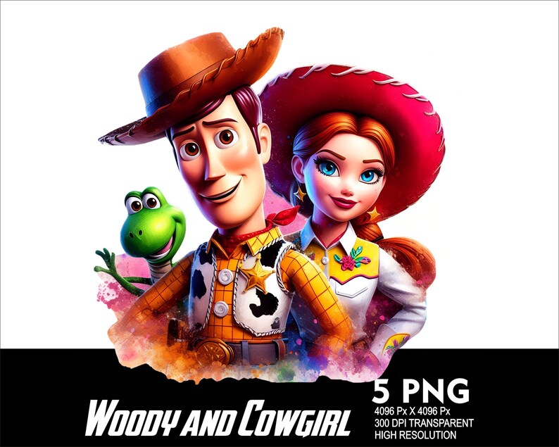 May include: Woody and Jessie from Toy Story, depicted as cartoon characters. Woody is wearing his signature cowboy hat and vest, while Jessie is wearing a red hat and a white shirt with a floral design. The background is a watercolor-style design with pink and purple hues.
