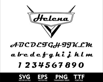 May include: A black and white digital graphic featuring the name Helena inside a stylised emblem, followed by an alphabet of uppercase and lowercase letters and the numbers 0 through 9. The bottom text reads SVG, EPS, PNG, and TTF file formats.