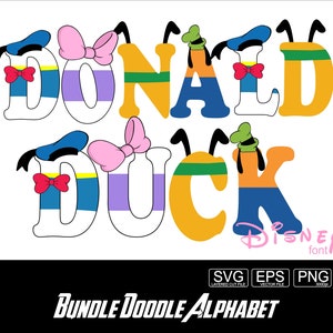 May include: A colorful alphabet font design featuring the words "DONALD DUCK" in a cartoon style. The letters are outlined in black and filled with various colors, including yellow, blue, green, red, and pink. The letters are decorated with cartoon-like features, such as hats, bows, and facial expressions. The text "DISNEY font" is also included in the design.