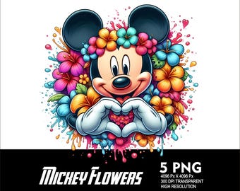 5 PNG Mickey Corazón Flores Salpicaduras y Acuarela Archivo PNG Transparente para Sublimación 300Dpi Alta Resolución PNG Diseño DTG Mickey flores