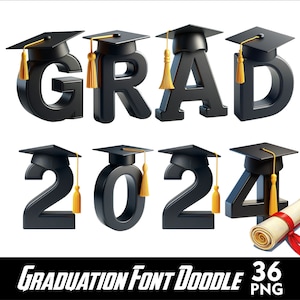 Cartas de graduación para pancartas Anuncio Fiesta Decoración Graduado Alfabeto Doodle Letras Sublimación PNG Descarga digital Diseño de posgrado personalizado
