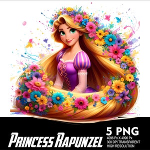 5 PNG Princess Rapunzel Splash and Watercolor Transparent PNG file for Sublimation 300Dpi High Resolution PNG DtG Design Princess Rapunzel