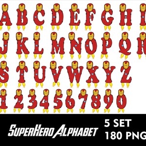 May include: Iron Man themed alphabet and number clipart set. The letters and numbers are red and yellow with a cartoon Iron Man face. The set includes 5 sets of the alphabet and numbers, for a total of 180 PNG files.