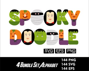 Spooky Halloween Alphabet Doodle Bundle 4 Set Alphabet Spooky Letters Png Halloween Font Svg Png Eps