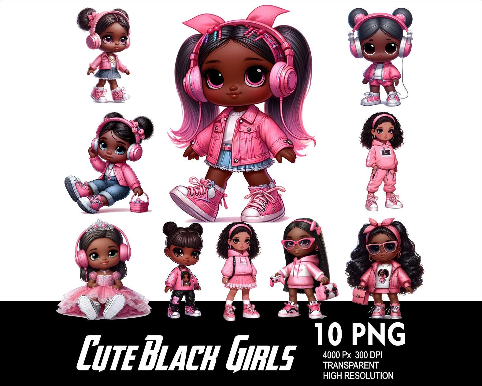 10 PNG Cute Black Girl Splash Transparent PNG file for Sublimation 300Dpi High Resolution PNG Cute Afro Girl Clipart Png Chibi Girl