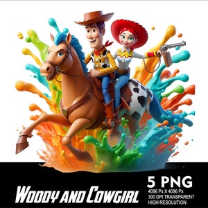 May include: Woody and Jessie from Toy Story riding a brown horse with a blue mane and tail. The horse is surrounded by colorful paint splatters.