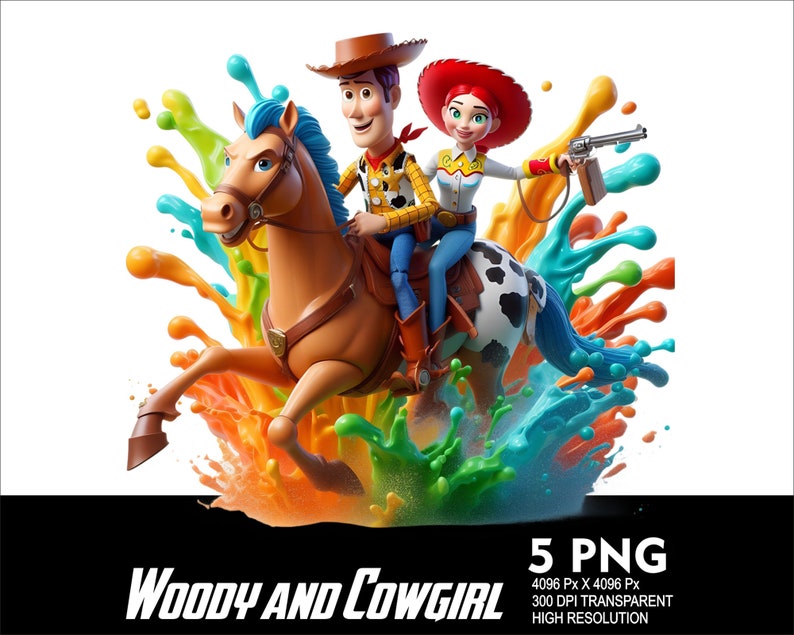 May include: Woody and Jessie from Toy Story riding a brown horse with a blue mane and tail. The horse is surrounded by colorful paint splatters.