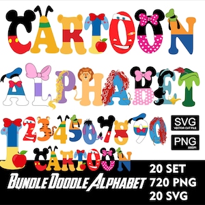 Dibujos animados Doodle 20Set Mickey Cars Princesa Alfabeto Pooh Donald Pluto Alfabeto Dibujos animados Daisy Minnie Princesa Letras SVG PNG Doodle Letras