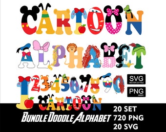 Cartoon Doodle 20Set Mickey Cars Princess Alphabet Pooh Donald Pluto Alphabet Cartoon Daisy Minnie Princess Letters SVG PNG Doodle  Letters