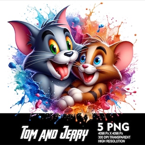 5 PNG Cartoon Cat Splash and Watercolor Transparent PNG file for Sublimation 300Dpi High Resolution PNG Movie Cartoon Cat and Mouse Design