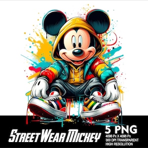 Könnte beinhalten: Eine farbenfrohe Illustration von Mickey Mouse, der einen gelben Hoodie und rote, blaue und grüne Streetwear trägt. Er sitzt mit gekreuzten Beinen und trägt Sneakers. Der Hintergrund ist ein farbenfrohes Spritzmuster.