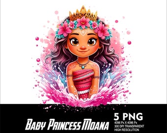 5 PNG Baby Princess Vaiana Splash Transparent PNG-fil för sublimering 300 Dpi högupplöst PNG Dtg Design Prinsessa Baby Vaiana