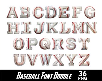 Pode incluir: Um alfabeto de fonte de beisebol branco com costuras vermelhas. As letras estão em maiúsculas e estão dispostas em ordem alfabética. A imagem é etiquetada como "Baseball Font Doodle 36 PNG".