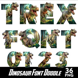 May include: A set of dinosaur font doodle images in PNG format. The letters T, R, E, X, F, O, N, T, 0, 1, 2, and 3 are each depicted with a dinosaur in a green jungle setting.