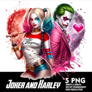 Może przedstawiać: Cyfrowa ilustracja Harley Quinn i Jokera. Harley Quinn ma na sobie czerwono-niebieski kostium z białą koszulą, która ma dziury. Trzyma kij bejsbolowy. Joker ma na sobie różowy garnitur i zielone włosy. Trzyma różowe serce. Tło to projekt w stylu akwareli w kolorze czerwonym, różowym i niebieskim.