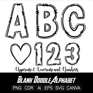 Letras em branco para rabiscos PNG, alfabeto transparente para rabiscos, letras desenhadas à mão, fonte transparente, preenchimento central, letra para Canva, PDF, EPS, SVG, AI, CDR, PNG